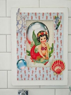 Mermaid Mixed Media Art with Red and Green Accents